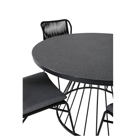 Tropea Dining Table - Black Steel / Grey Spray Glass, Julian Dining Chair - Black Steel / Black Rope 4 4 4