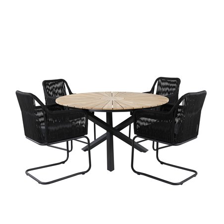 Mexico Table ø 140 - Black/Teak, Lindos Karmstol med svikt Svart stål / Svart rep_4