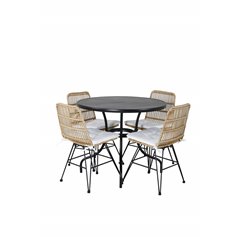 Nicke Dining Table - Black Steel - ø90cm, Viga Dining -tuoli Nature Wicker/White Cushion