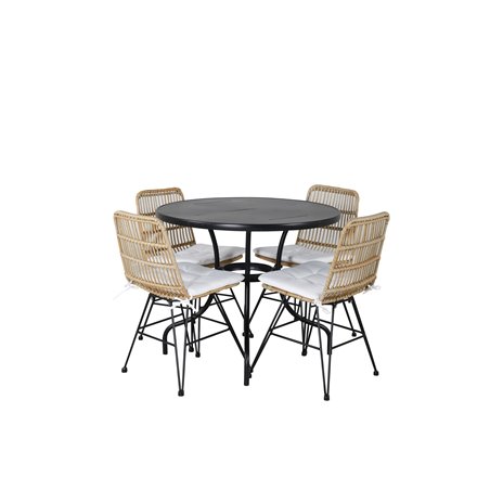 Nicke Dining Table - Black Steel - ø90cm, Viga Dining -tuoli Nature Wicker/White Cushion