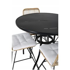 Nicke Dining Table - Black Steel - ø90cm, Viga Dining -tuoli Nature Wicker/White Cushion