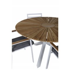 Mexico Table ø 140 - White/Teak, Brasilia Karmstol (stapelbar) - Vit Alu / Teak_4