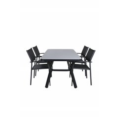 Virya Dining Table - BLAC K Alu / Grey GlassSanTorini Arm Chair Black Alu/Black Textilene (käytetty)