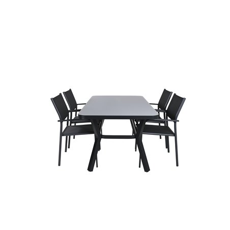 Virya Dining Table - BLAC K Alu / Grey GlassSanTorini Arm Chair Black Alu/Black Textilene (käytetty)