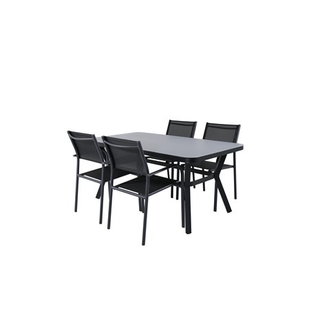 Virya Dining Table - BLAC K Alu / Grey GlassSanTorini Arm Chair Black Alu/Black Textilene (käytetty)