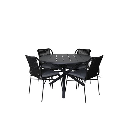 Alma Dining Table - Black Alu - ø120cm, Julian Dining Chair - Black Steel / Black Rope 4 4 4