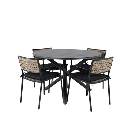 Alma Dining Table - Black Alu - ø120cm, Paola Päivällinen - Black Steel Nature Wicker/Black Cushion