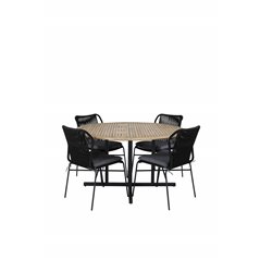 Cruz Dining - Black Steel / Acacia (teak look) ø140cm, Julian Dining Chair - Black Steel / Black Rope 4 4 4