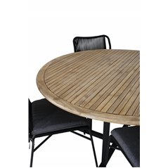 Cruz Dining - Black Steel / Acacia (teak look) ø140cm, Julian Dining Chair - Black Steel / Black Rope 4 4 4