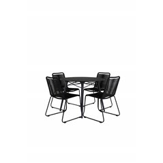 Santorini Matbord ø 100 - svart alu / grå glas, Lindos Stacking Chair - Black Alu / Black Rope_4