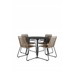 Santorini Matbord ø 100 - svart alu / grå glas, Lindos Stacking Chair - Black Alu / Latte Rope_4