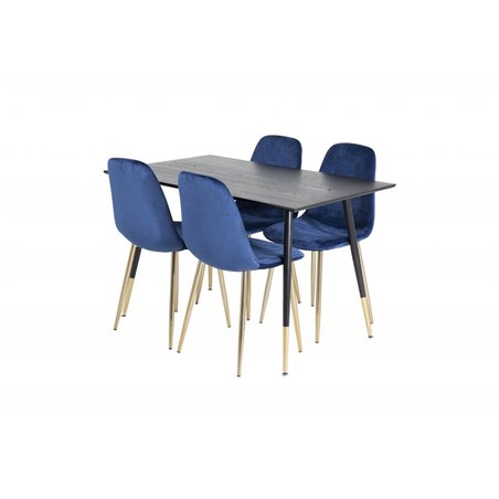 Dipp Dining Table - 120 cm - Black Veneer - Black Legs w, Brass dipp, Polar Dining Chair - Blue / Brass_4