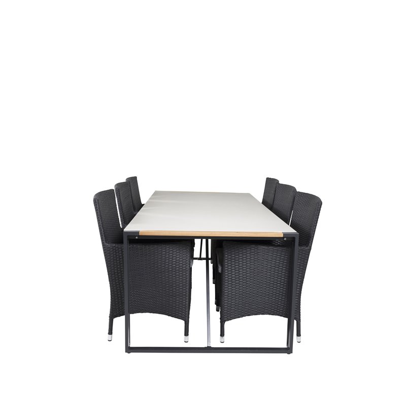 Texas Dining Table 200*100 - Black Alu / Teak / Grey Spray kivi, Malin Armchair