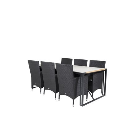 Texas Dining Table 200*100 - Black Alu / Teak / Grey Spray kivi, Malin Armchair