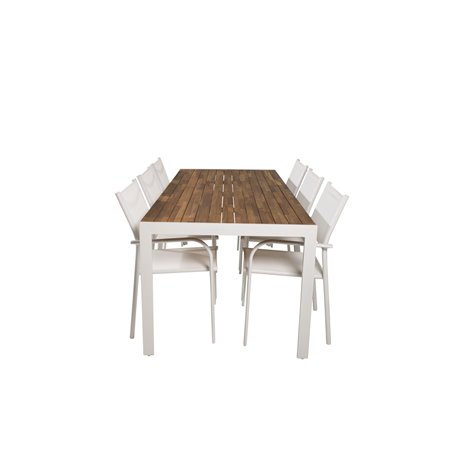 Bois Dining Table 205*90cm - Valkoinen alu / Acacia SanTorini Arm Chair (Valkoinen alu/valkoinen tekstiili)