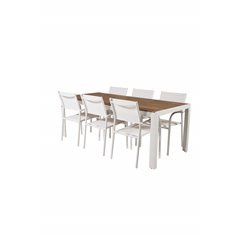 Bois Dining Table 205*90cm - Valkoinen alu / Acacia SanTorini Arm Chair (Valkoinen alu/valkoinen tekstiili)