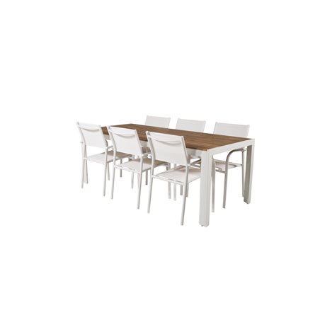 Bois Dining Table 205*90cm - Valkoinen alu / Acacia SanTorini Arm Chair (Valkoinen alu/valkoinen tekstiili)