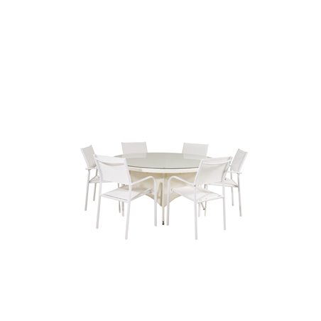 Volta Table ø 150 - White/Glass, Santorini Arm Chair (Stackable) - White Alu / White Textilene_6