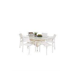 Volta Table ø 150 - White/Glass, Santorini Arm Chair (Stackable) - White Alu / White Textilene_6