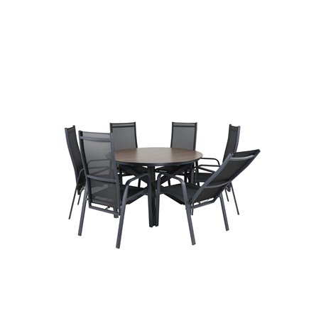 Llama Round Dining Table 120 - Black Alu/Brown HPL, Copacabana Recliner -tuoli