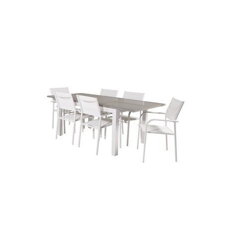 Albany Tabell - 152/210 - Vit / Gråsantorini Armstol (stapelbar) - Vit Aluminium / Vit Textilene_6