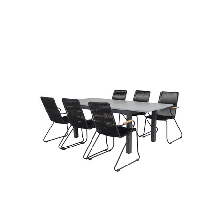 Albany Table - 160/240 - Black/Grey, Bois Armchair - Black Alu / Black Rope