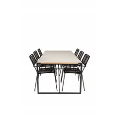 Texas Dining Table 200*100 - Black Alu / Teak / Grey Spray -kivi, Lindos Armchair - Black Alu / Black Rope