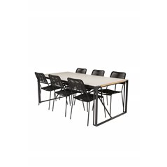 Texas Dining Table 200*100 - Black Alu / Teak / Grey Spray -kivi, Lindos Armchair - Black Alu / Black Rope