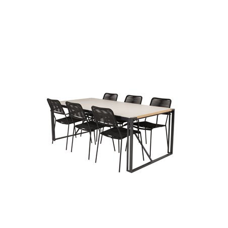 Texas Dining Table 200*100 - Black Alu / Teak / Grey Spray -kivi, Lindos Armchair - Black Alu / Black Rope