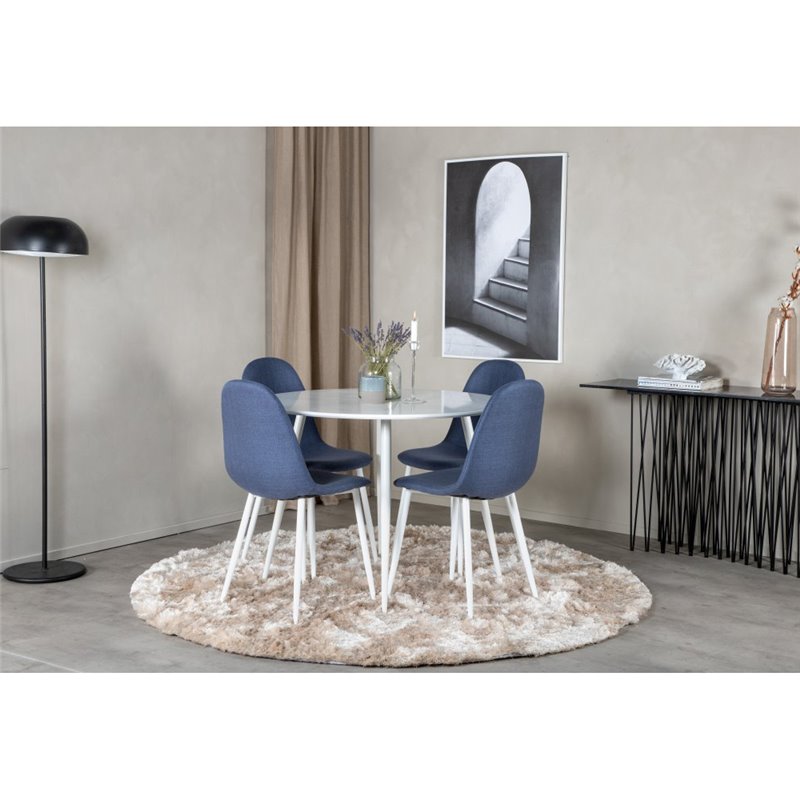 Plaza Round Table 100 cm - White top / White Legs, Polar Dining Chair - White Legs - Blue Fabric_4