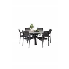 Parma - Table ø 140 - Black Alu /Grey Aintwood, Santorini Arm Chair (Stackable) - Black alu / Black Textilene_6