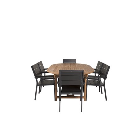 Kenya Oval Dining Table 180/240*120*H75 -Teak, Levels Chair (stackable) - Black Alu / Black Aintwood_6