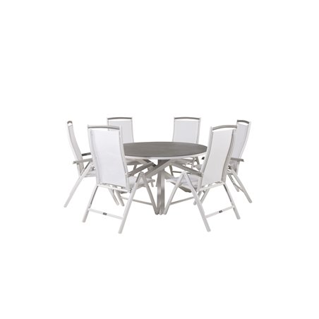 Copacabana Table ø 140 - White/Grey, Albany 5:pos Stol - Vit Aluminium/vit textilene/aintwood_6