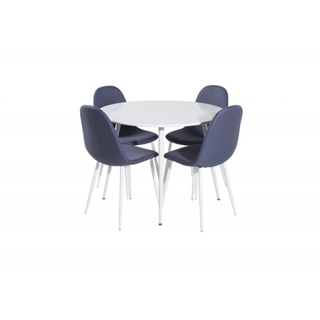 Plaza Round Table 100 cm - White top / White Legs, Polar Dining Chair - White Legs - Blue Fabric_4