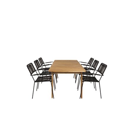 Marion Dining Table - 180*90*H74 - Acacia, Lindos Armchair - Black Alu / Black Rope