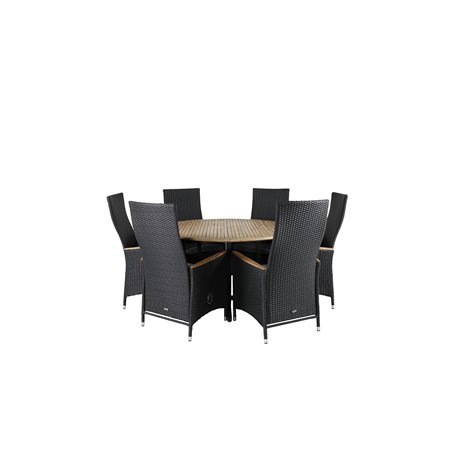 Cruz Dining table - Black Steel / Acacia (teak look) ø140cm, Padova Chair (Recliner) - Black/Teak_6