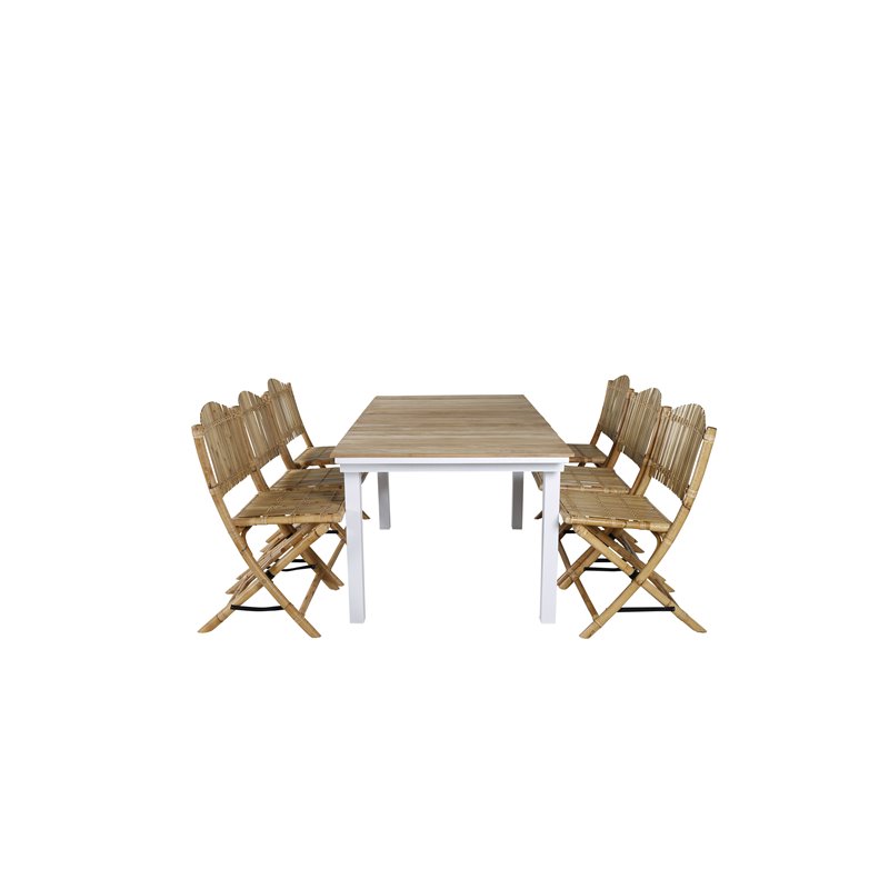 Meksiko Pöytä 180/240 - Valkoinen/Teak, Ruoko kokoontaitettava ruokatuoli - bambu / harmaa Cushion_6