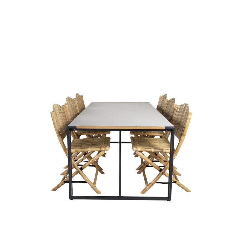 Texas Dining Table 200*100 - Black Alu / Teak / Grey Spray -kivi, Cane Foldable Dining Chair - Bamboo / Grey Cushion