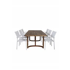 Erica Dining table acacia wire brushed 214*100, Santorini Arm Chair (Stackable)  - White Alu / White Textilene_6