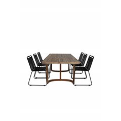 Erica Dining -pöydän acacia-lanka murskattiin 214*100, Lindos Stacking -tuoli - Black Alu / Black Rope