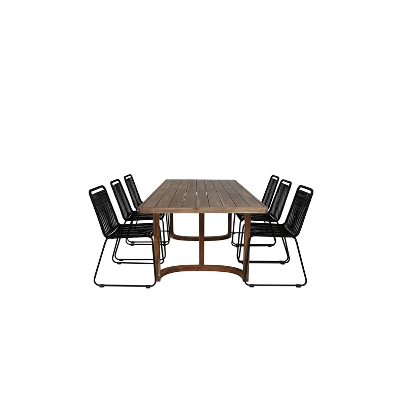 Erica Dining -pöydän acacia-lanka murskattiin 214*100, Lindos Stacking -tuoli - Black Alu / Black Rope