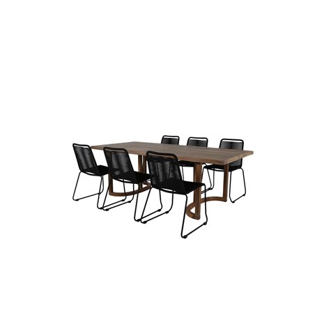 Erica Dining -pöydän acacia-lanka murskattiin 214*100, Lindos Stacking -tuoli - Black Alu / Black Rope