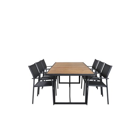 Khung illallinen Table - Black Steel / Acacia (teklook) - 200*100cm+SanTorini Arm Chair Black Alu/Black Textilene (käytetty)