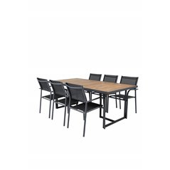 Khung illallinen Table - Black Steel / Acacia (teklook) - 200*100cm+SanTorini Arm Chair Black Alu/Black Textilene (käytetty)