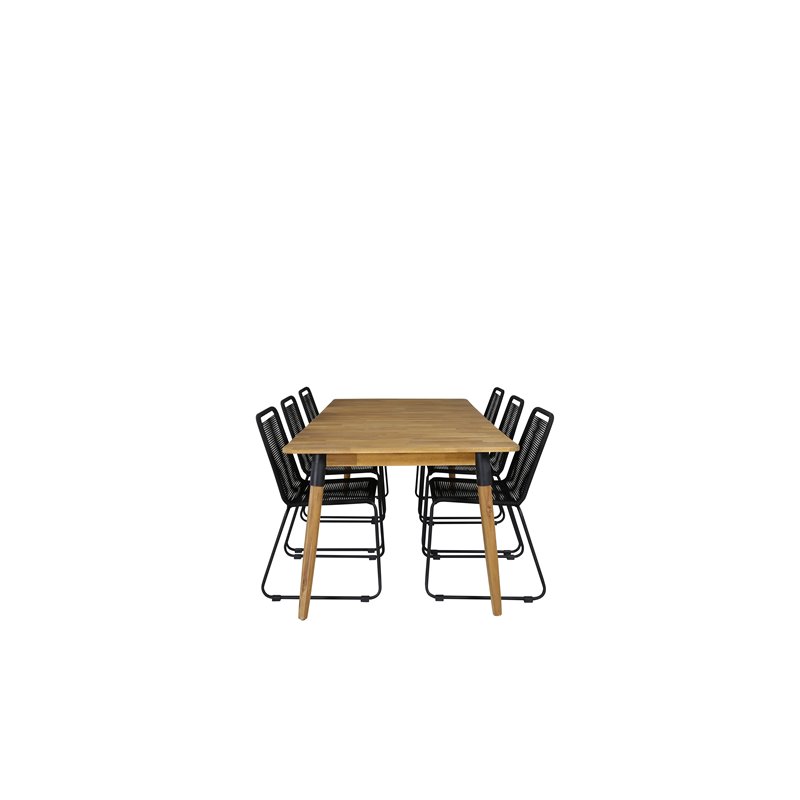 Julian Dining Table - Acasia - 210*100cm, Lindos Stacking Chair - Black Alu / Black Rope