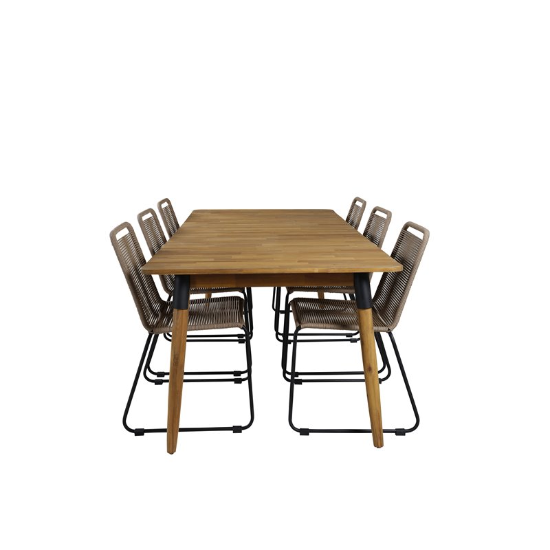 Julian Dining Table - Acasia - 210*100cm, Lindos Stacking Chair - Black Alu / Latte Rope