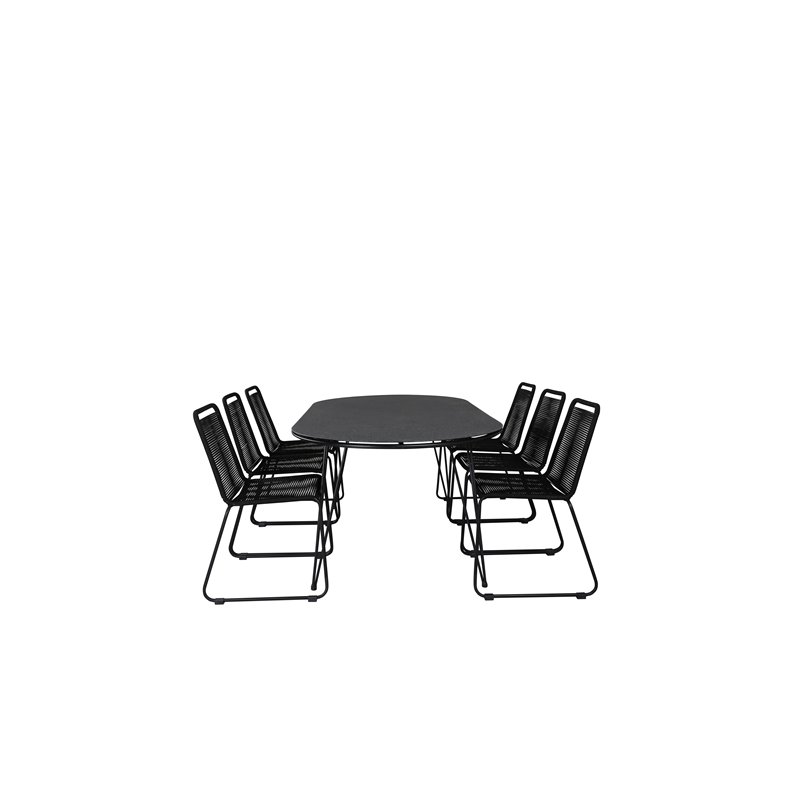 Viga Dining Table - Black Steel / Grey Spray jäätelö - 200*100cm, Lindos Stacking Chair - Black Alu / Black Rope_6