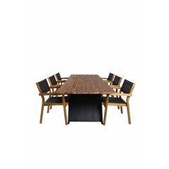 Doory Dining Table - black steel / acacia top in teak look - 250*100cm, Venice Stackingchair - Teak / Black textilene_6