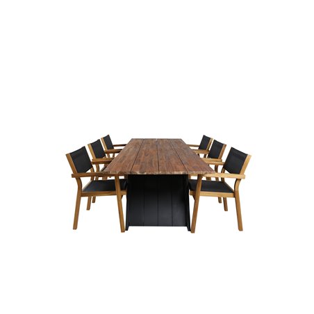 Doory Dining Table - musta teräs / akaasia toppi tiikki-ilmeessä - 250 * 100cm, Venetsia Pinotuoli - Teak / Musta textilene_6