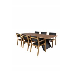 Doory Dining Table - black steel / acacia top in teak look - 250*100cm, Venice Stackingchair - Teak / Black textilene_6